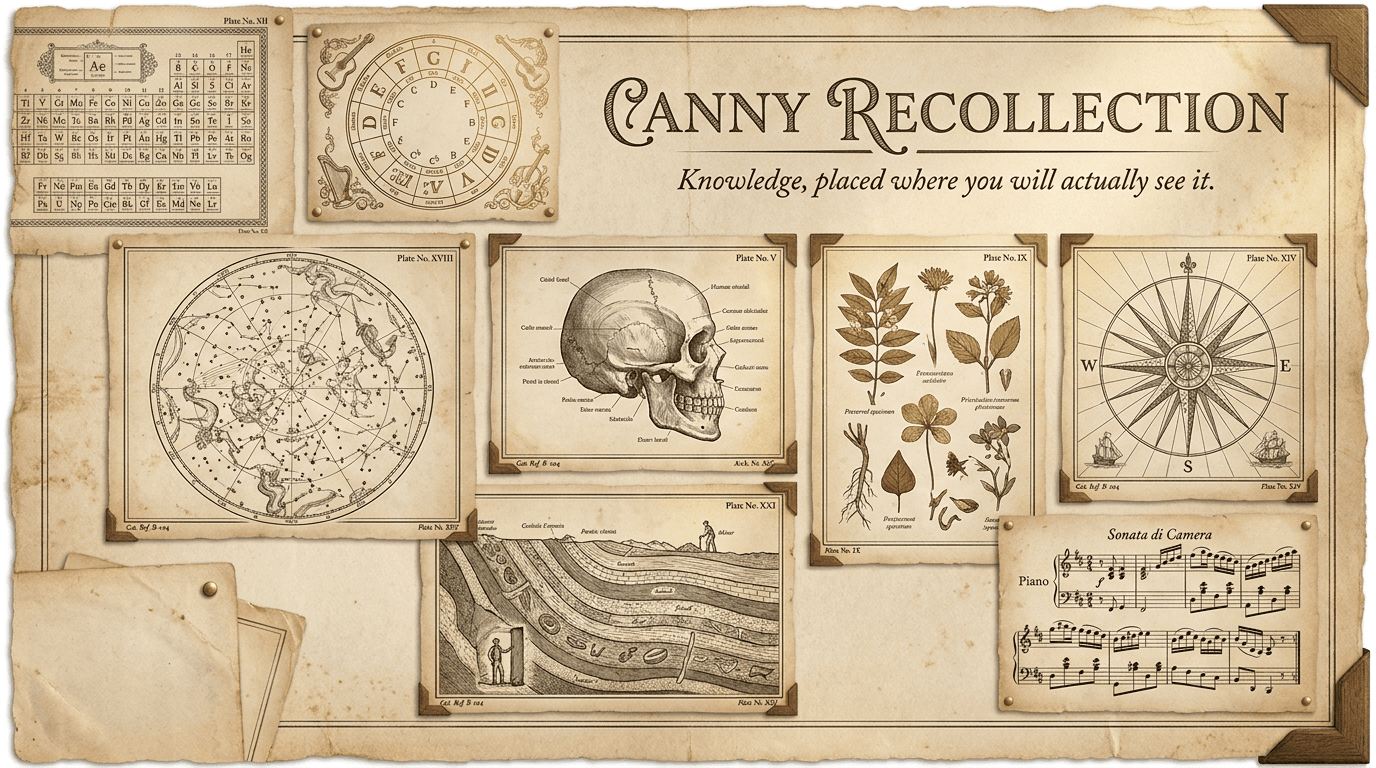 Canny Recollection — a montage of natural-history reference plates: skeleton, botanical study, star chart, compass rose, and musical staff, beneath the words ‘Knowledge, placed where you will actually see it.’